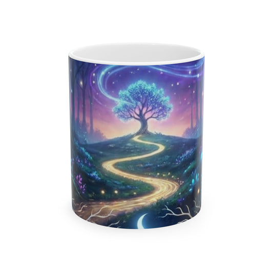 Magical Nightscape Ceramic Mug — Enchanted Tree & Starry Path (11oz, 15oz)