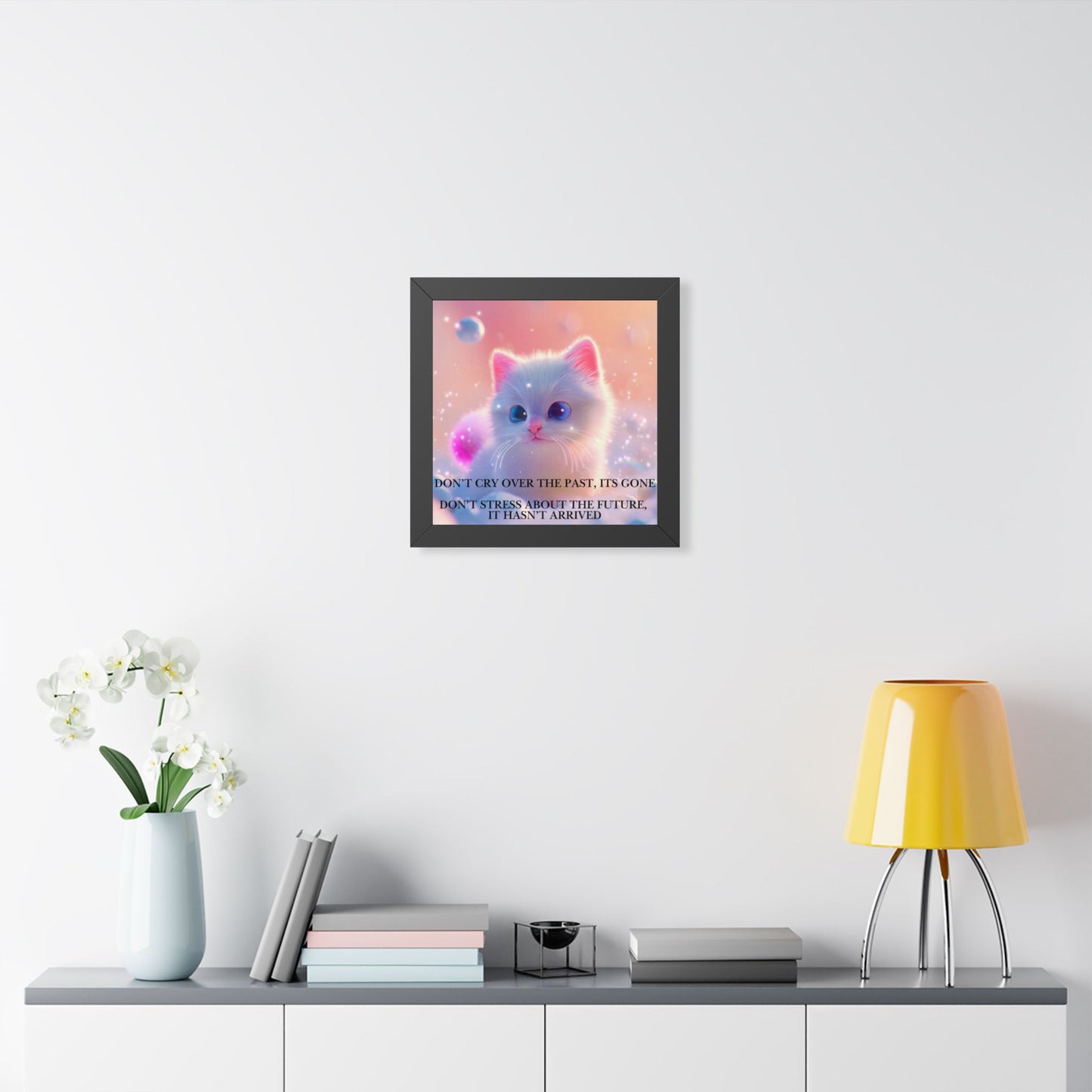 Inspirational Cat Framed Poster — "Live in the Present" Motivational Wall Art
