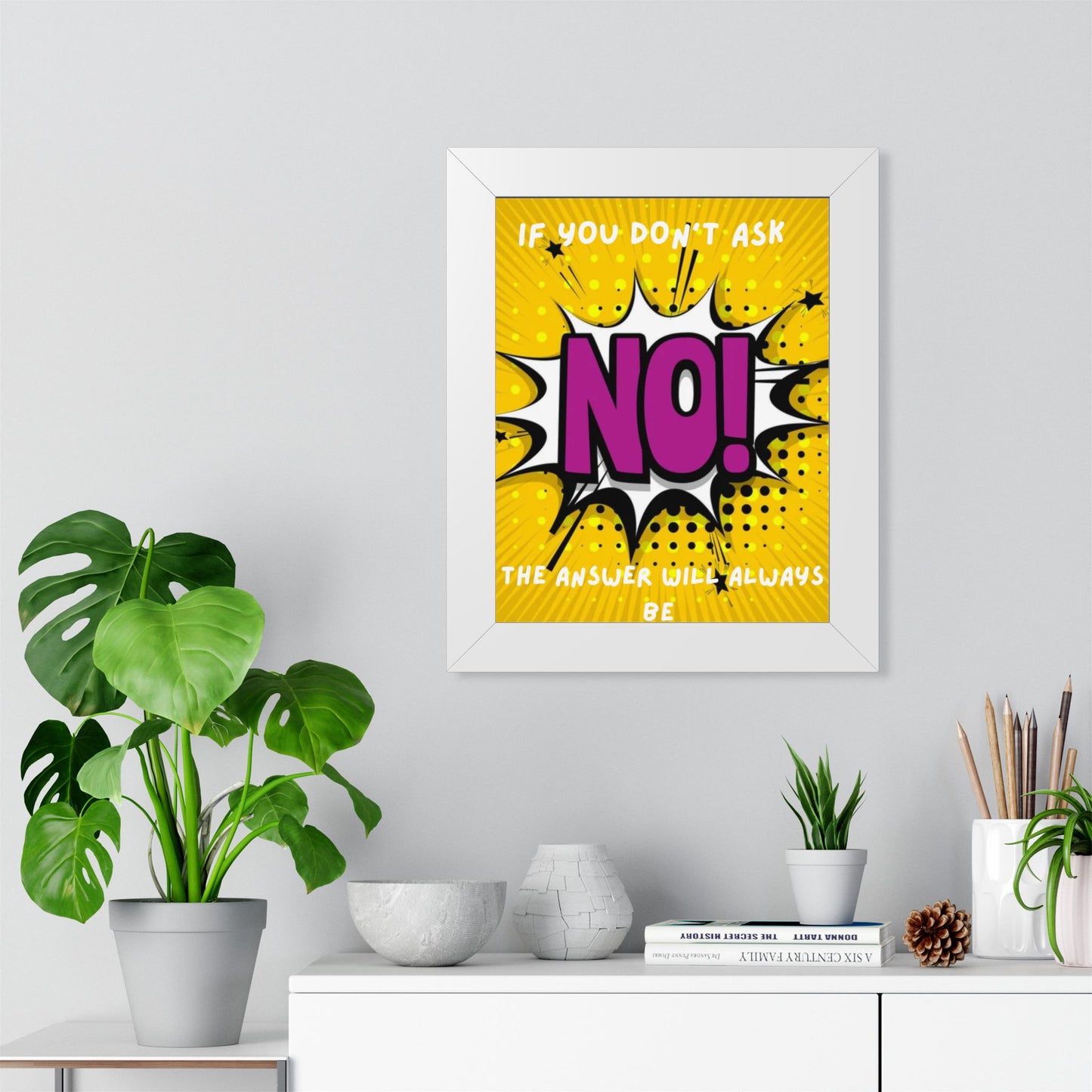 Framed Poster — "If You Don’t Ask, The Answer Will Always Be NO!" Pop Art Motivational Print