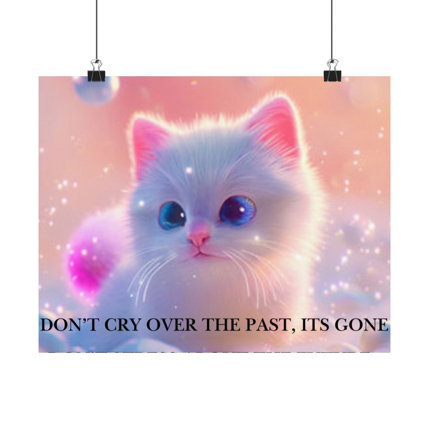 Inspirational Cute Kitten Satin Poster — "Don't Cry Over the Past, It's Gone"