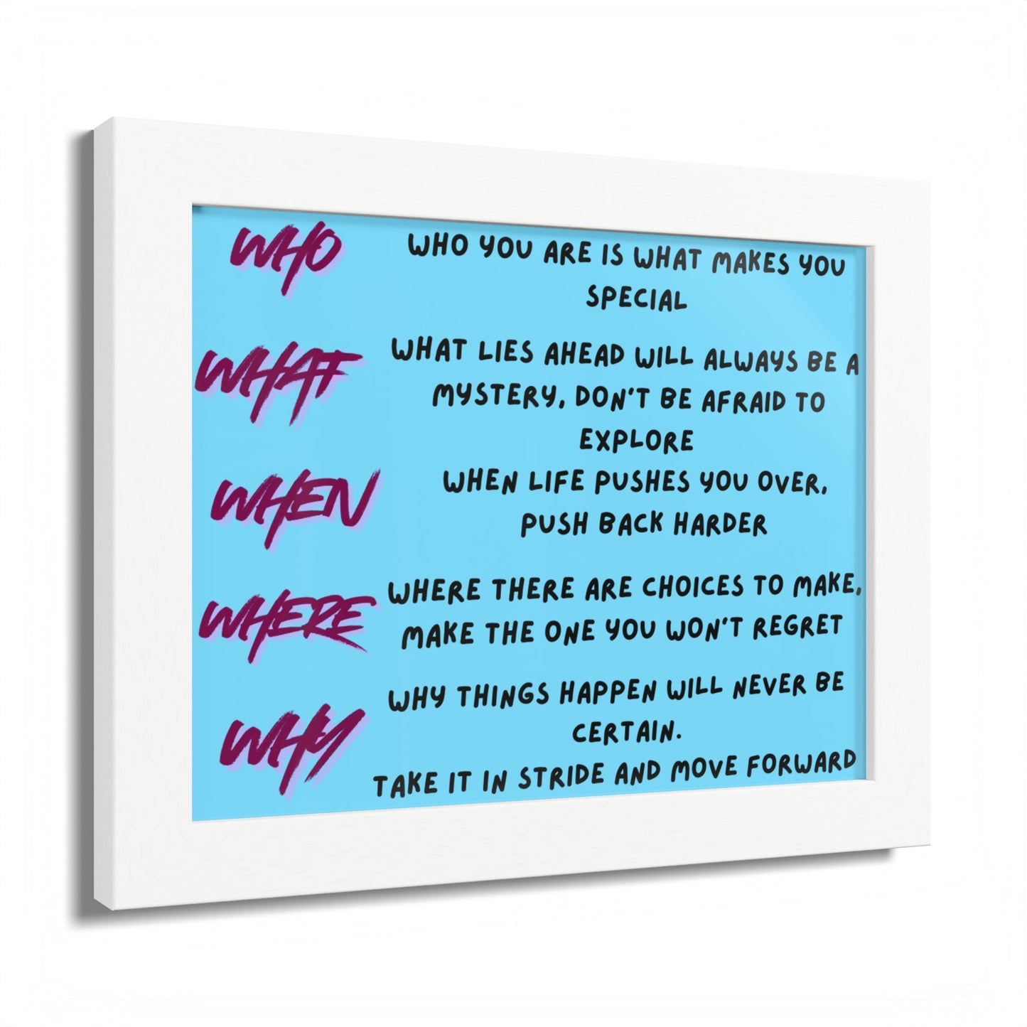 Framed Poster — Motivational 'Who What When Where Why' Inspirational Quote Art