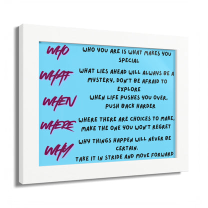 Framed Poster — Motivational 'Who What When Where Why' Inspirational Quote Art