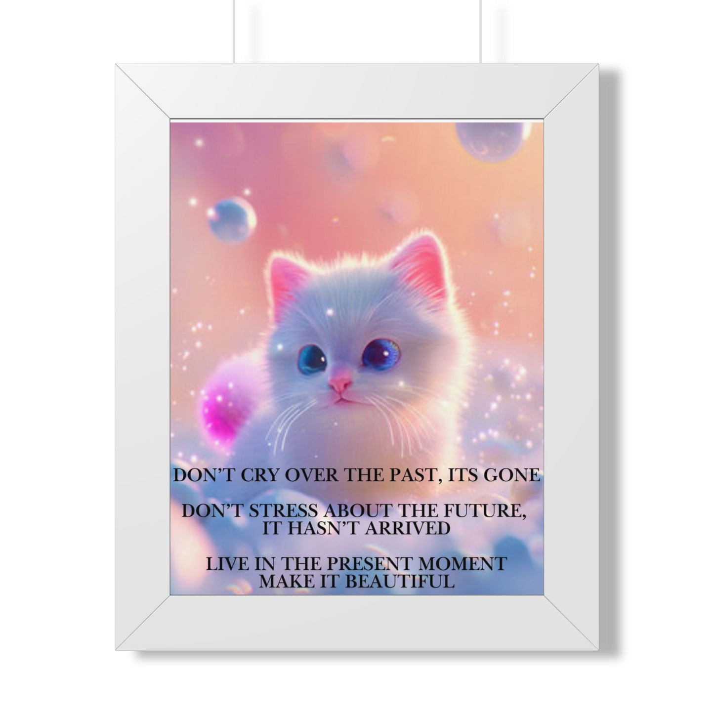 Inspirational Cat Framed Poster — "Live in the Present" Motivational Wall Art