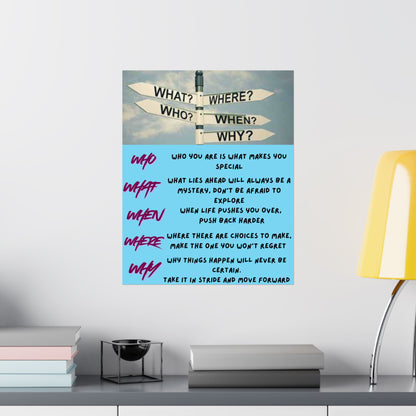 Inspirational Direction Sign Satin Poster — "What? Where? Who? When? Why?" Motivational Wall Art