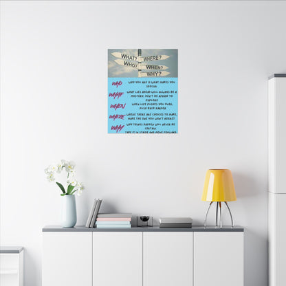 Motivational Directional Sign Canvas — 'Who What When Where Why' Inspirational Wall Art
