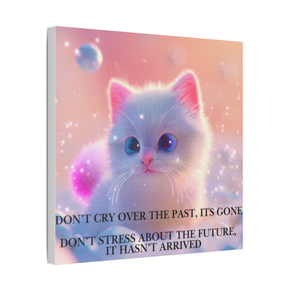 Cute White Kitten Satin Canvas Wall Art – “Don’t Cry Over the Past, It’s Gone” Inspirational Decor