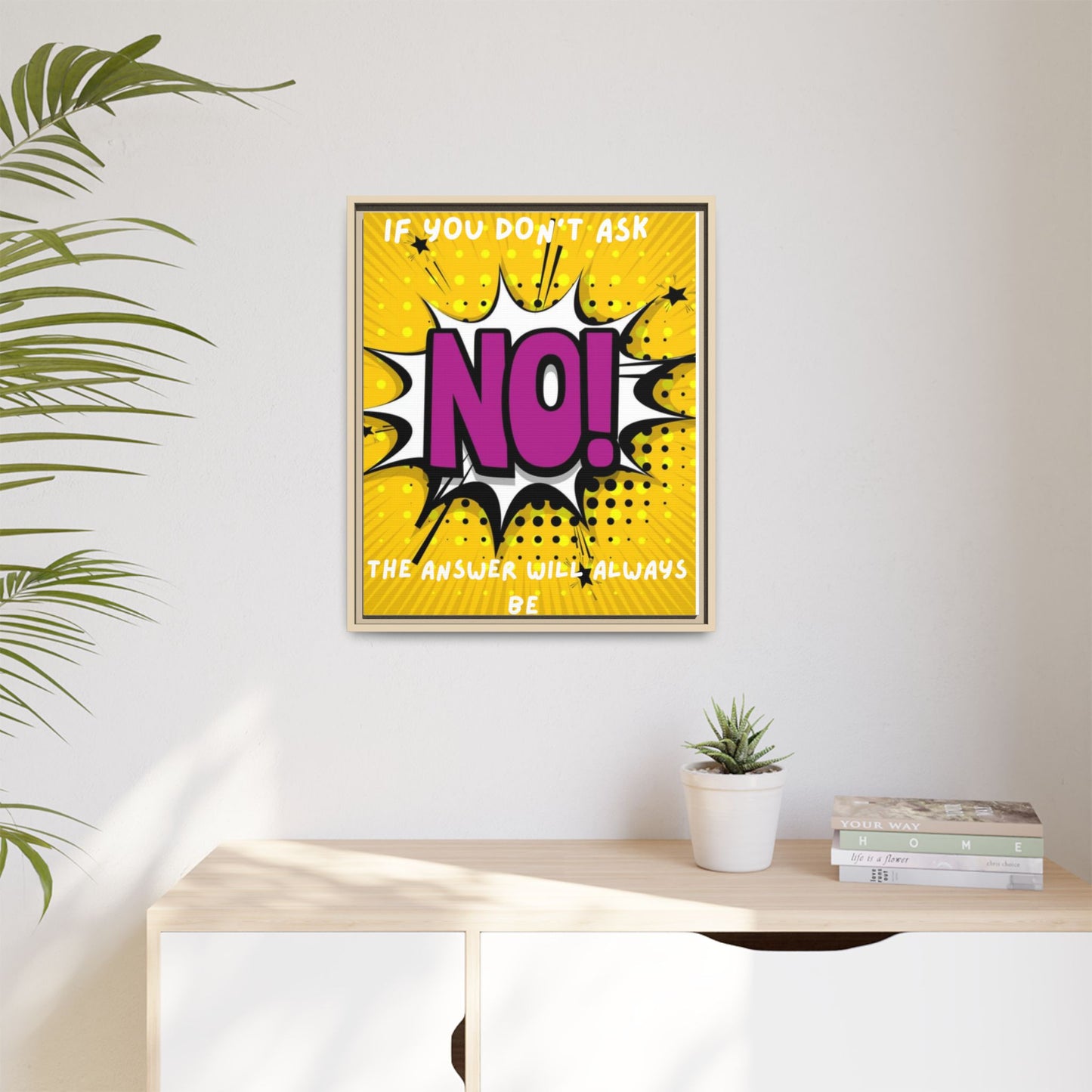 Framed Pop Art Canvas - "If You Don't Ask, NO!" Motivational Wall Art