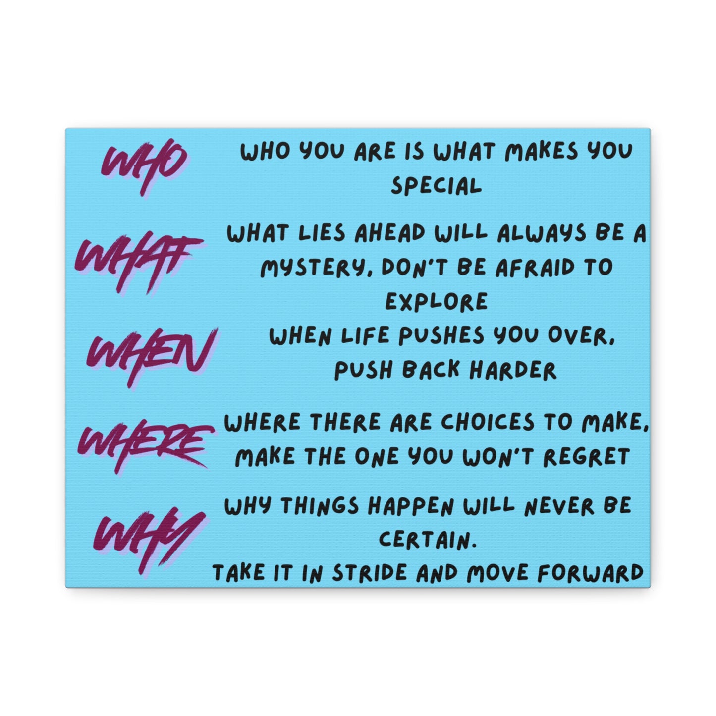Inspirational 'Who What When Where Why' Matte Canvas Art