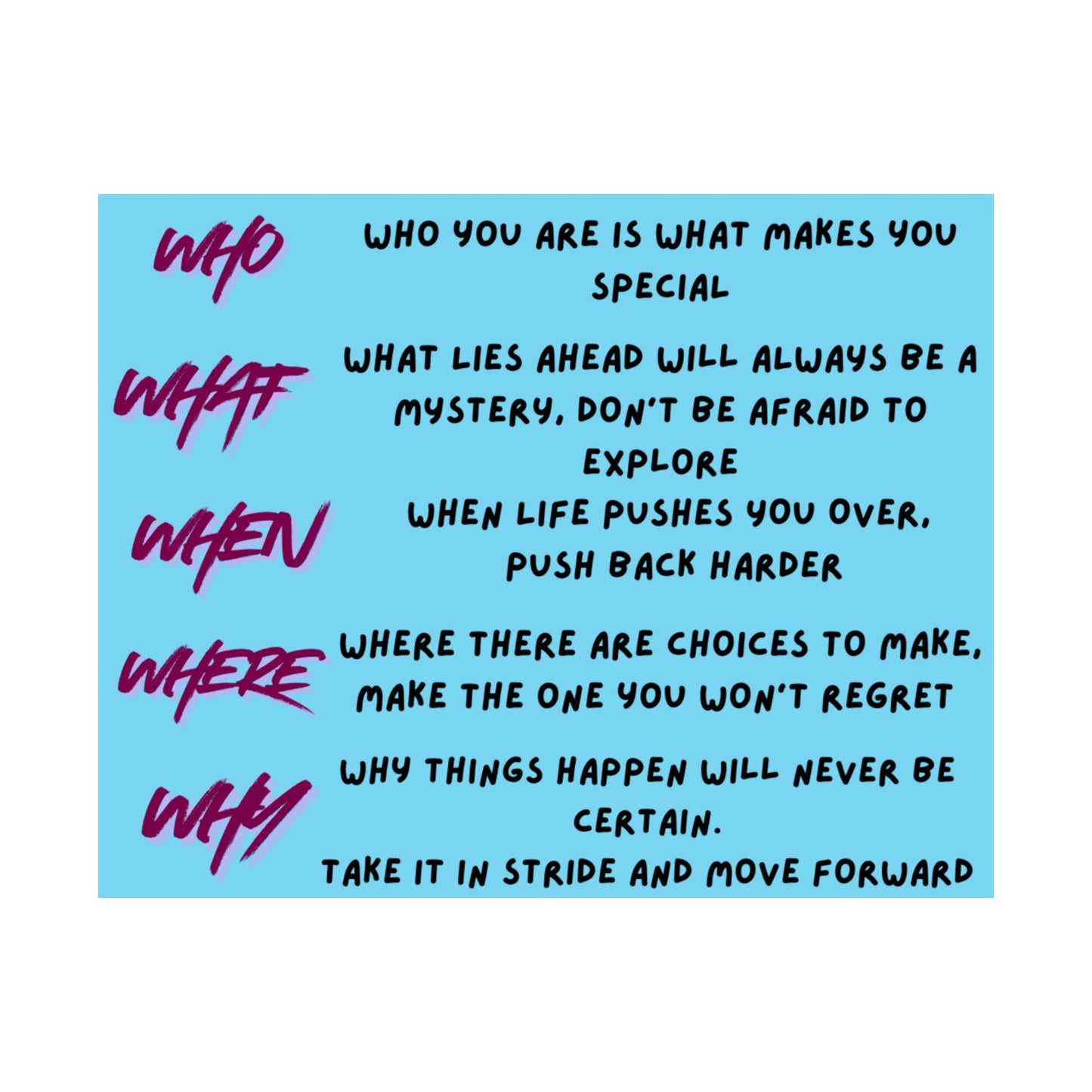 Inspirational 'Who What When Where Why' Satin Poster — Motivational Quote Wall Art