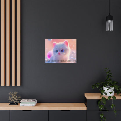 Cute White Kitten Satin Canvas Wall Art – “Don’t Cry Over the Past, It’s Gone” Inspirational Decor