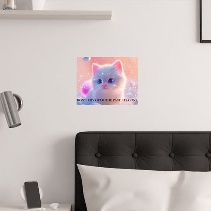 Inspirational Cute Kitten Satin Poster — "Don't Cry Over the Past, It's Gone"