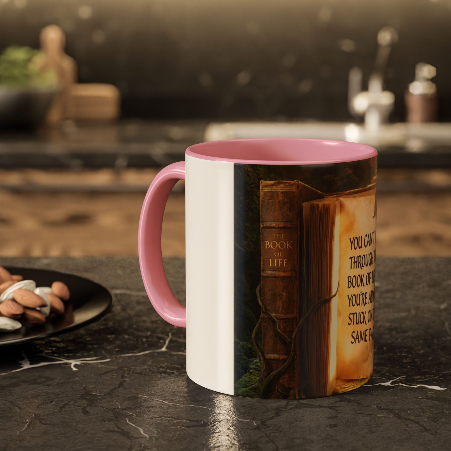 Inspirational Book Quote Mug — "You Can't Get Through the Book of Life if You're Always Stuck on the Same Page" (11oz/15oz)