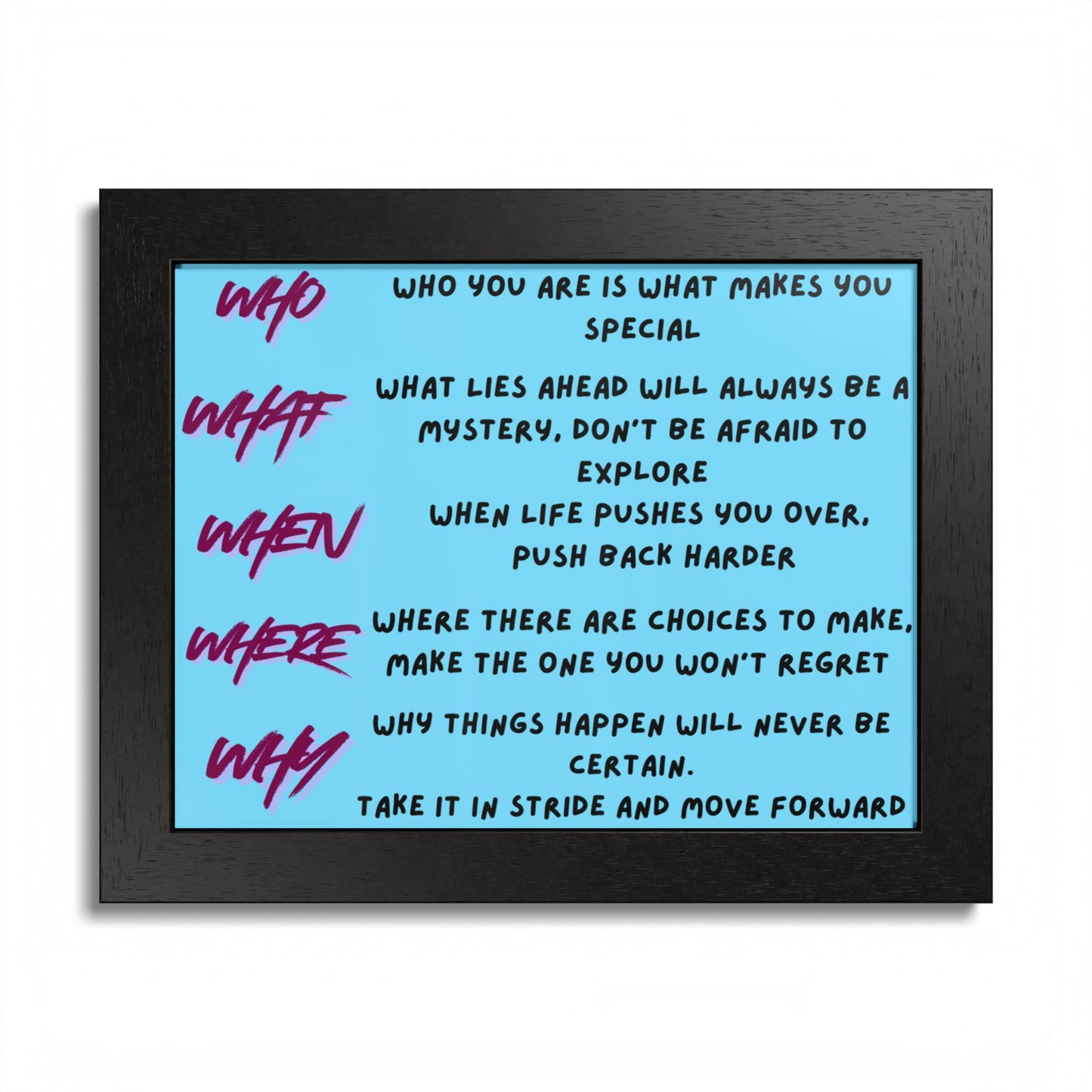 Framed Poster — Motivational 'Who What When Where Why' Inspirational Quote Art
