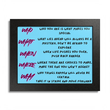 Framed Poster — Motivational 'Who What When Where Why' Inspirational Quote Art