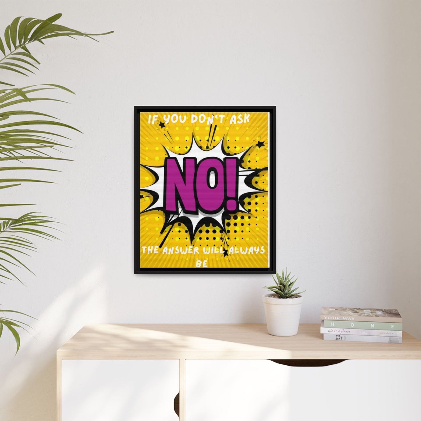 Framed Pop Art Canvas - "If You Don't Ask, NO!" Motivational Wall Art