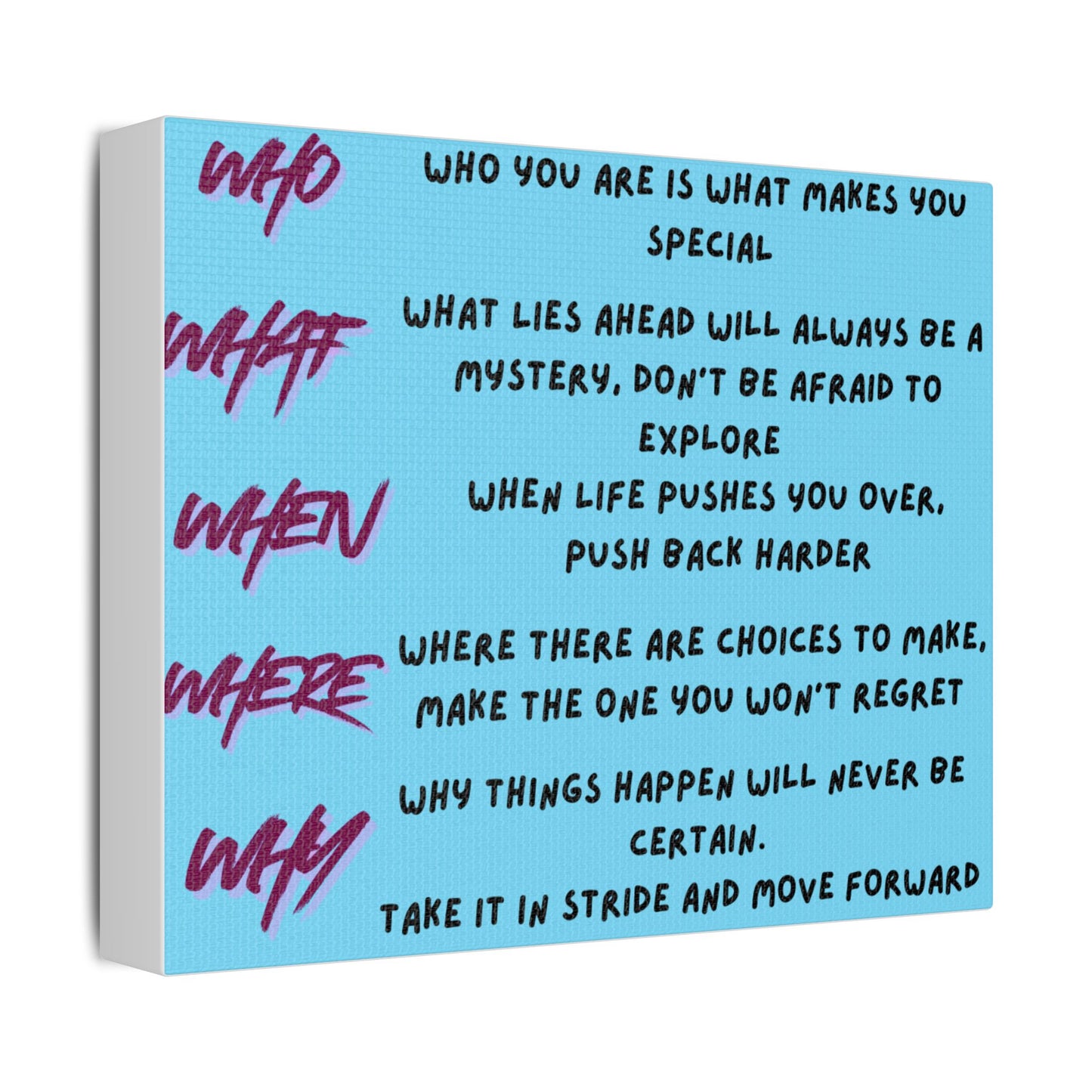 Inspirational Quote Satin Canvas Wall Art — 'Who/What/When/Where/Why' Motivational Print