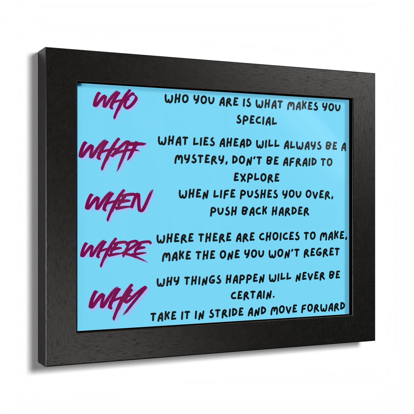 Framed Poster — Motivational 'Who What When Where Why' Inspirational Quote Art