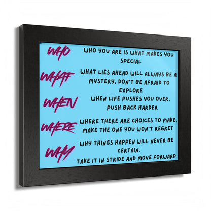Framed Poster — Motivational 'Who What When Where Why' Inspirational Quote Art
