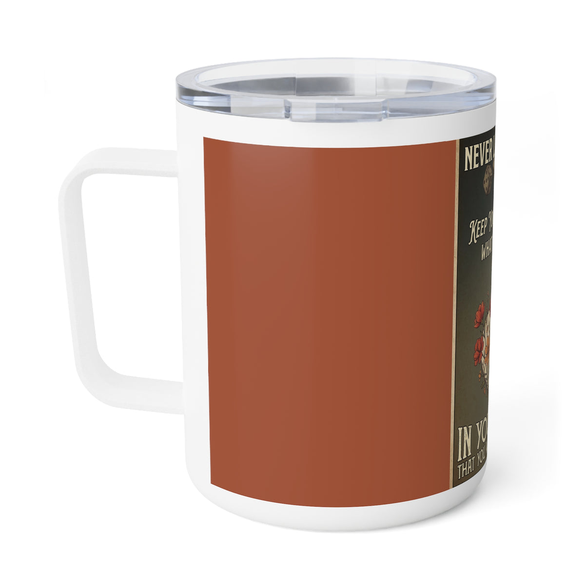 Inspirational Dice & Flowers 10oz Insulated Coffee Mug — "Never Let the Odds" Motivational Travel Cup