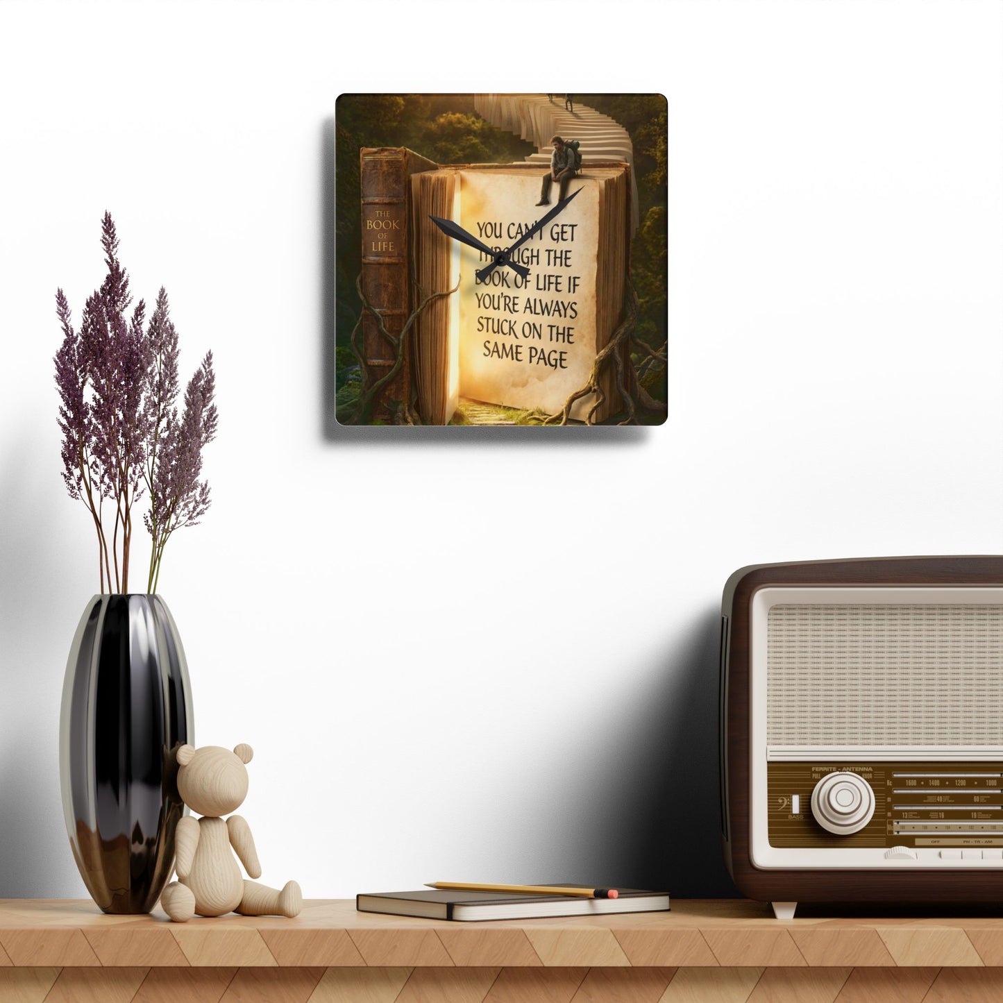 Acrylic Wall Clock — Inspirational 'You Can't Get Through The Book Of Life...' Bookscape Decor